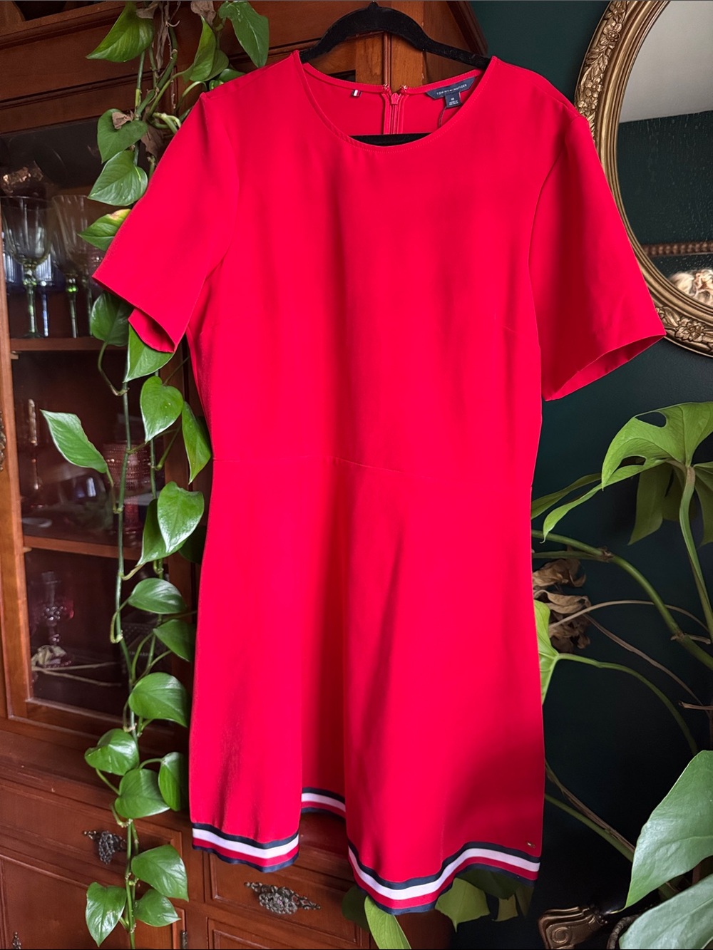 Tommy Hilfiger Bright Red Short Sleeve Mini Dress with Striped Hem